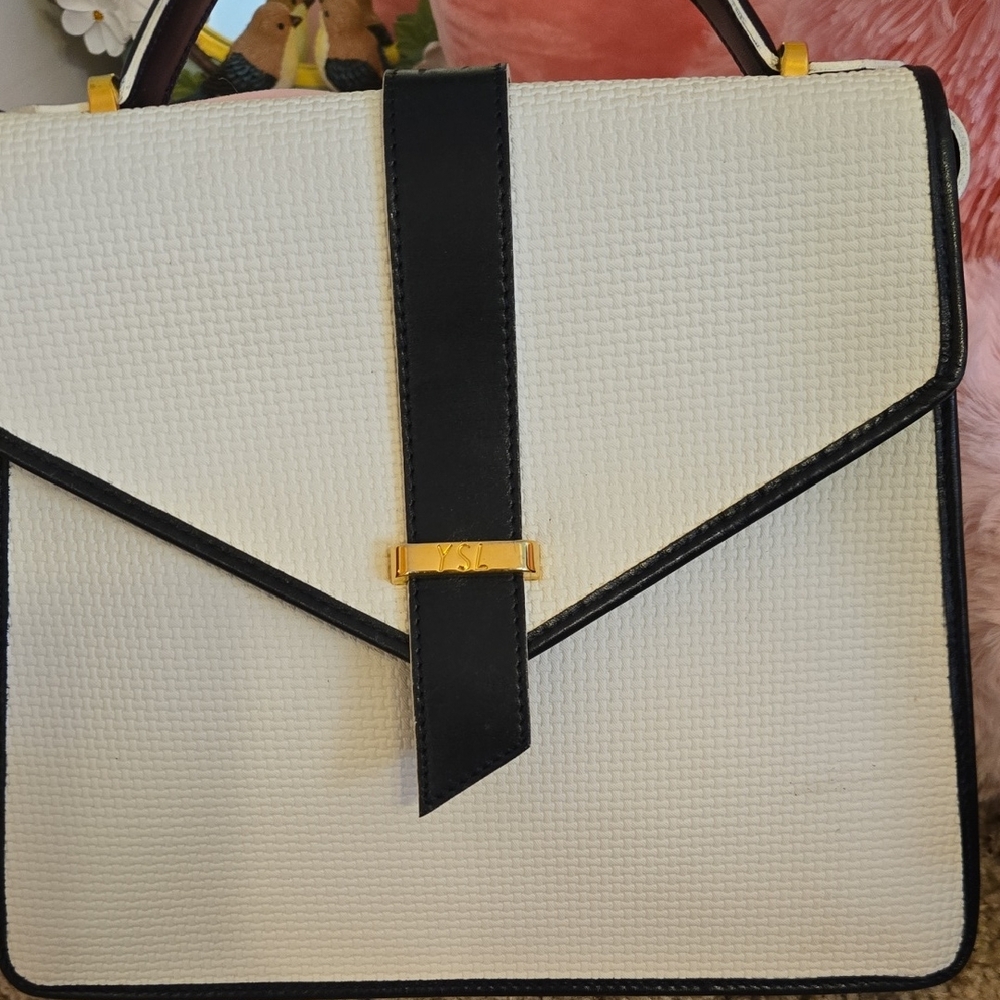 Yves Saint Laurent White and Black Satchel with Geometric Design